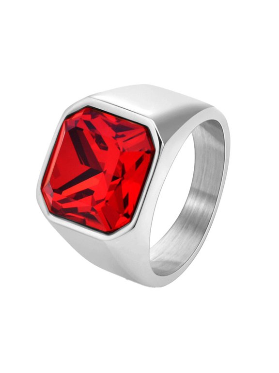 Gemstone Rings for Men Square Signet Band Personalized Stainless Steel Gem Everyday Cool Vintage Statement Dainty Classic Jewelry Silver-Red Size 10