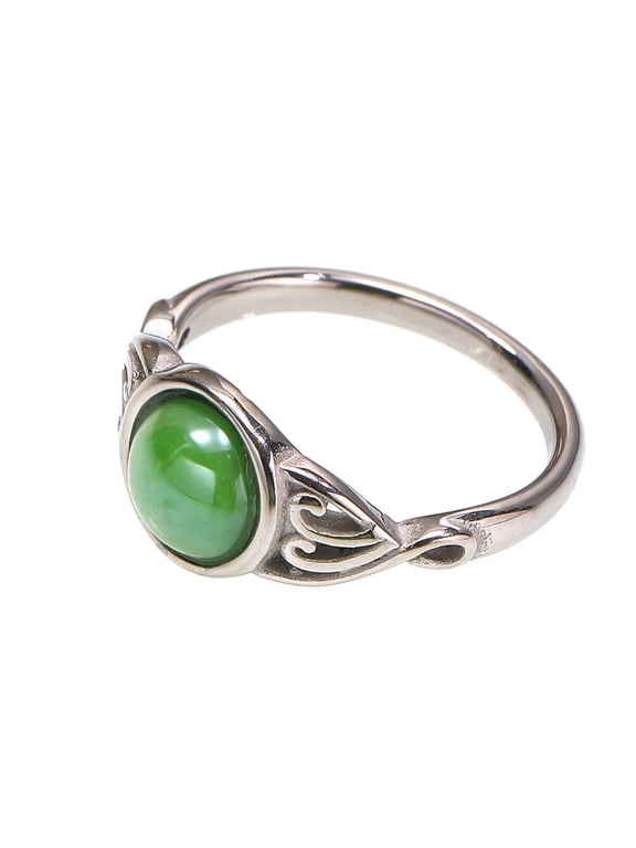Gemstone Rings for Women Cute Vintage Stainless Steel Circle Personalized Statement Dainty Unique Jewelry Silver Plated Green Size 9