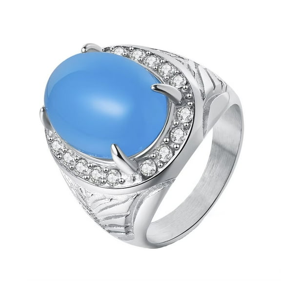 PAURO Gemstone Rings for Men Blue Stainless Steel Oval Statement Vintage Cubic Zirconia Dainty Jewelry