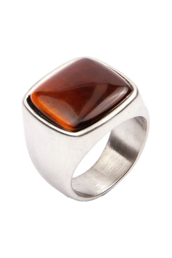 Gemstone Signet Rings for Men Square Vintage Statement Personalized Dainty Jewelry Silver Plated Brown Size 9