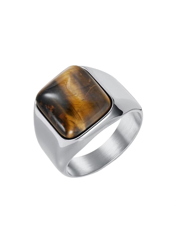 Gemstone Signet Rings for Men Gold/Silver/Black Plated Square Colorful Statement Personalized Dainty Jewelry Silver Brown Size 9
