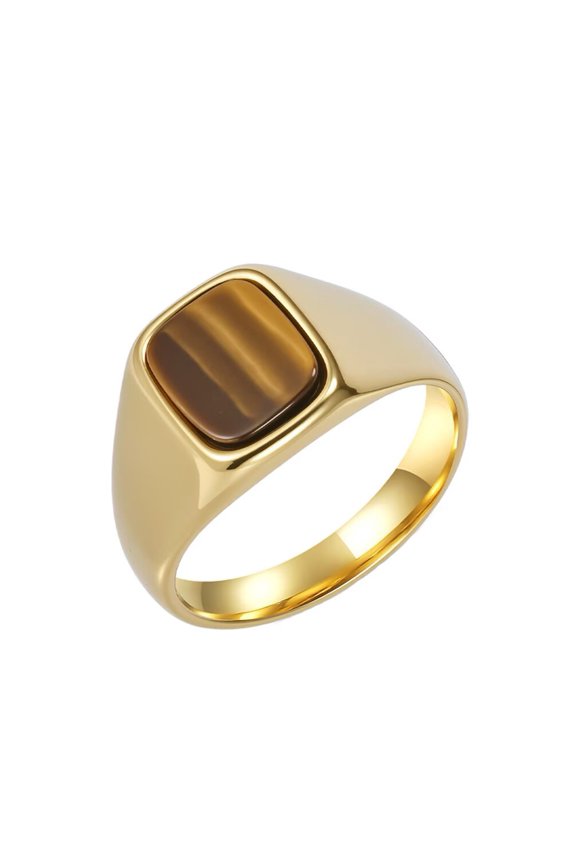 Gemstone Signet Rings for Men Stainless Steel Gold/Silver Plated Simple Square Colorful Personalized Dainty Cut Jewelry Gold Brown Size 11