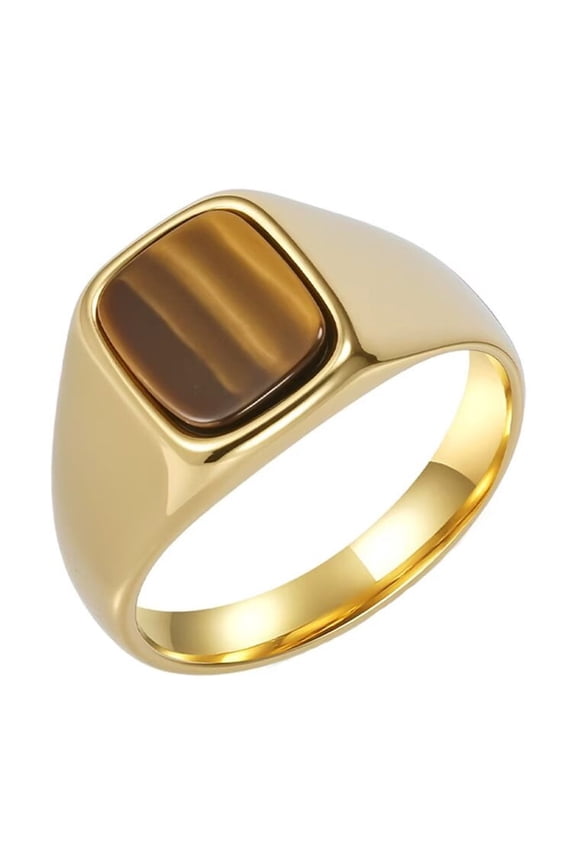 Gemstone Signet Rings for Men Stainless Steel Gold/Silver Plated Simple Square Colorful Personalized Dainty Cut Jewelry Gold Brown Size 12