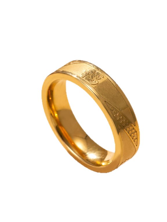 Gold Color Stainless Steel Fu Character Ring for Men Hand Engraved Chinese Calligraphy Blessing Band Twisted Rope Edge Vintage Statement Jewelry Size 9