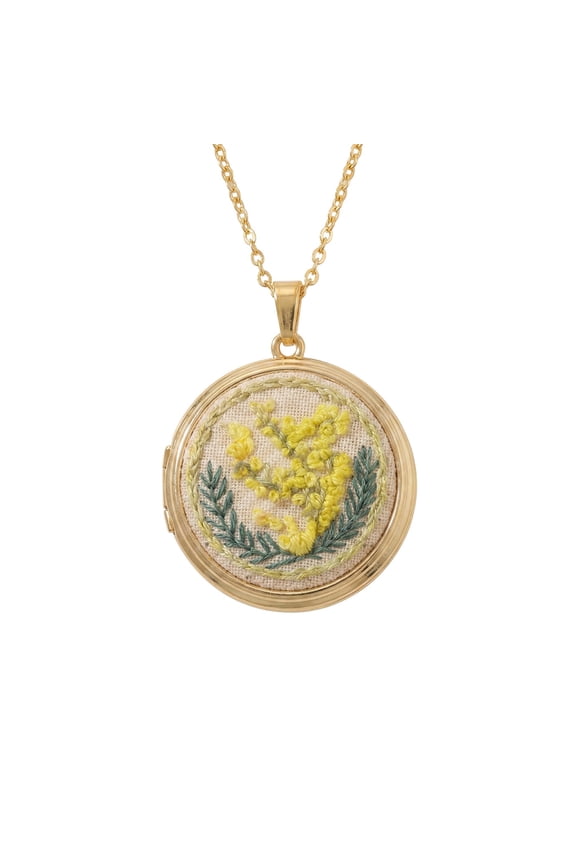 Handmade Floral Embroidered Locket Necklace for Women Gold Plated Stainless Steel Circle Open Photo Pendant Dainty Memory Adjustable Personalized Gift Jewelry Acacia