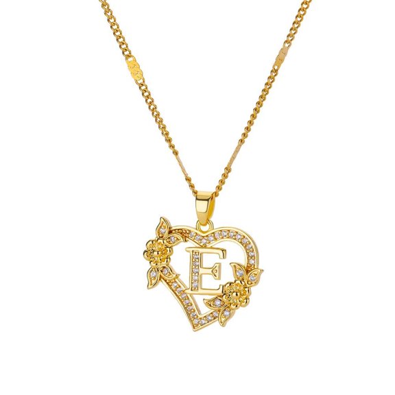 PAURO Heart Initial Necklace for Women Letter Pendant A-Z Gold Plated Cubic Zirconia Dainty Personalized Flower Gift Jewelry Gold-E