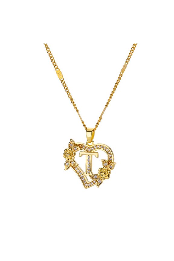Heart Initial Necklace for Women Letter Pendant A-Z Gold Plated Cubic Zirconia Dainty Personalized Flower Gift Jewelry Gold-T