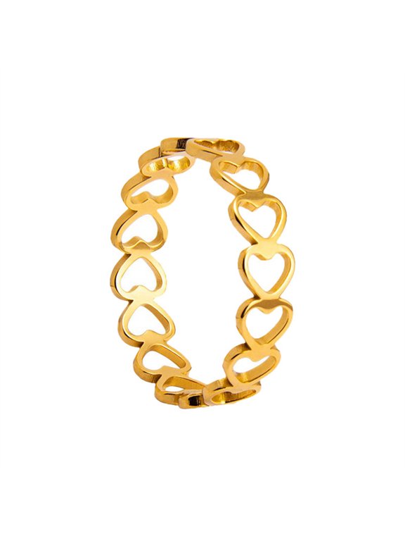 Heart Rings for Women Love Tiny Stainless Steel 5MM Band Hollow Stackable Pinky Promise Eternity Minimalist Simple Statement Personalized Gift Jewelry Gold Plated Size 10