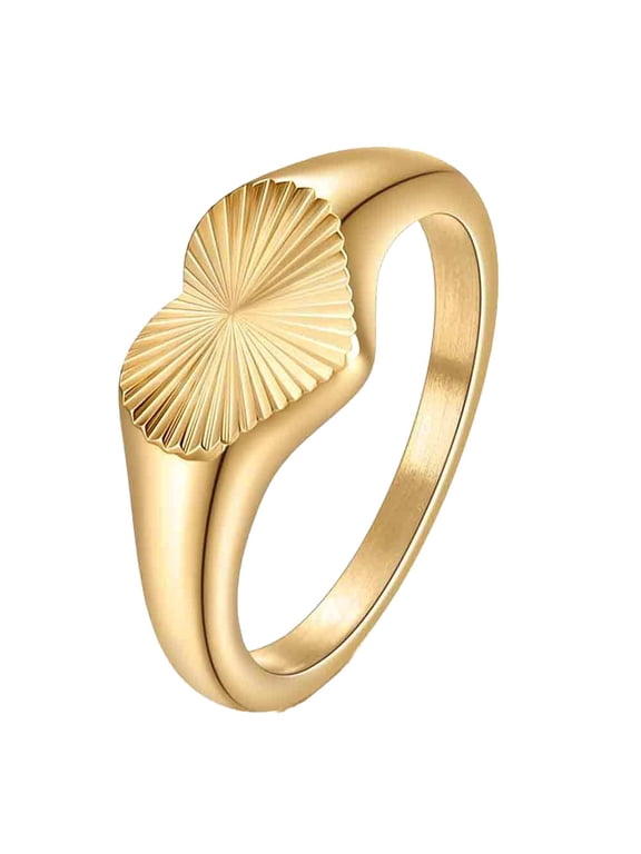Heart Rings for Women Signet Geometric Line Stainless Steel Simple Love 9mm Minimalist Band Statement Personalized Gift Jewelry Gold Plated Size 7