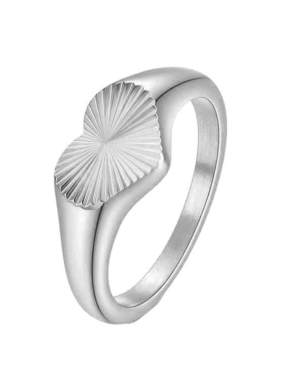 Heart Rings for Women Signet Geometric Line Stainless Steel Simple Love 9mm Minimalist Band Statement Personalized Gift Jewelry Silver Plated Size 10