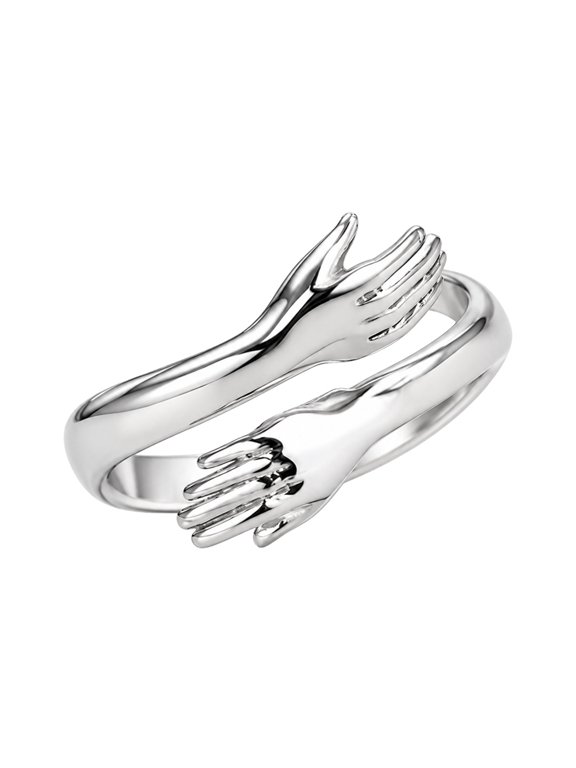 Hug Rings for Women Stainless Steel Open Adjustable Embrace Hands Wrap Unique Statement Band Meaningful Friendship Personalized Gift Everyday Casual Jewelry Silver Plated