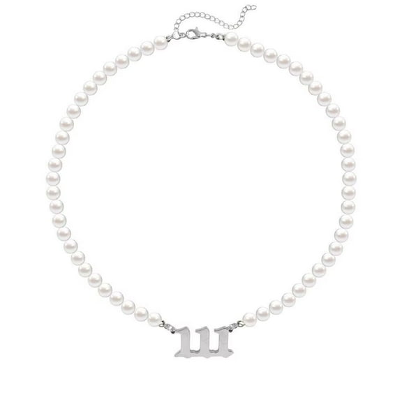 PAURO Imitation Pearl Angel Numbers Necklace for Women Silver Plated 111 Pendant Choker Numerology Jewelry