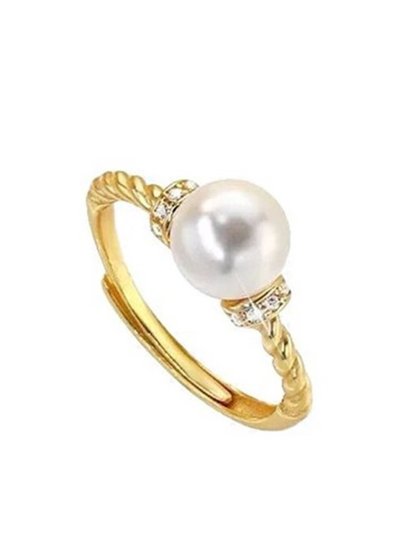 Imitation Pearl Rings for Women Gold Plated Round Dainty Elegant Stainless Steel Personalized Statement Simple Circle Charm Cubic Zirconia Open Adjustable Jewelry Gold