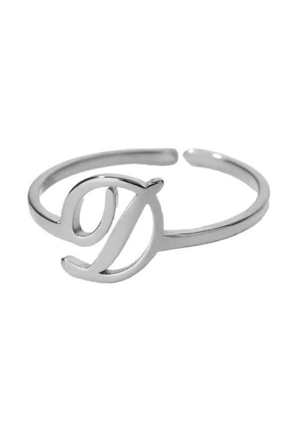 Inital Rings for Women A-Z Letter T Open Adjustable Alphabet Name Silver Gold Plated Stainless Steel Dainty Personalized Statement Simple Jewelry Silver Letter D