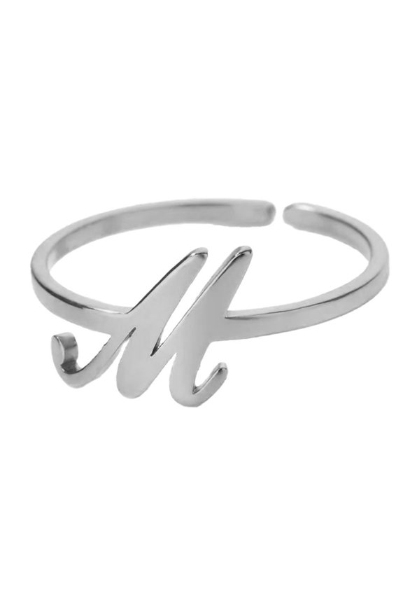 Inital Rings for Women A-Z Letter T Open Adjustable Alphabet Name Silver Gold Plated Stainless Steel Dainty Personalized Statement Simple Jewelry Silver Letter M