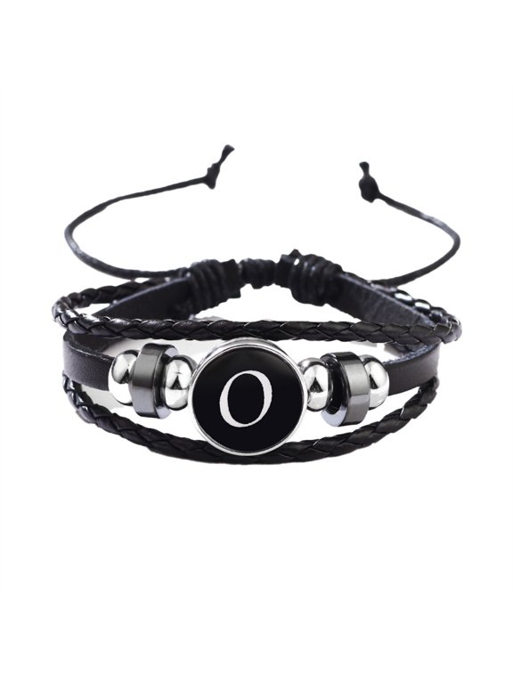 Initial Bracelet for Men Women Couples Adjustable Braided Black Letter A-Z Name Stainless Steel Personalized Statement Simple Jewelry Black Letter O