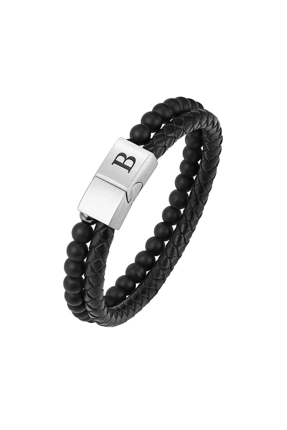Initial Bracelets for Men Letter A-Z Handmade Bead Braided Wrist Adjustable Black Double-layer Name Simple Stainless Steel Personalized Cuff Capital Monogram Gifts Jewelry 21cm-B