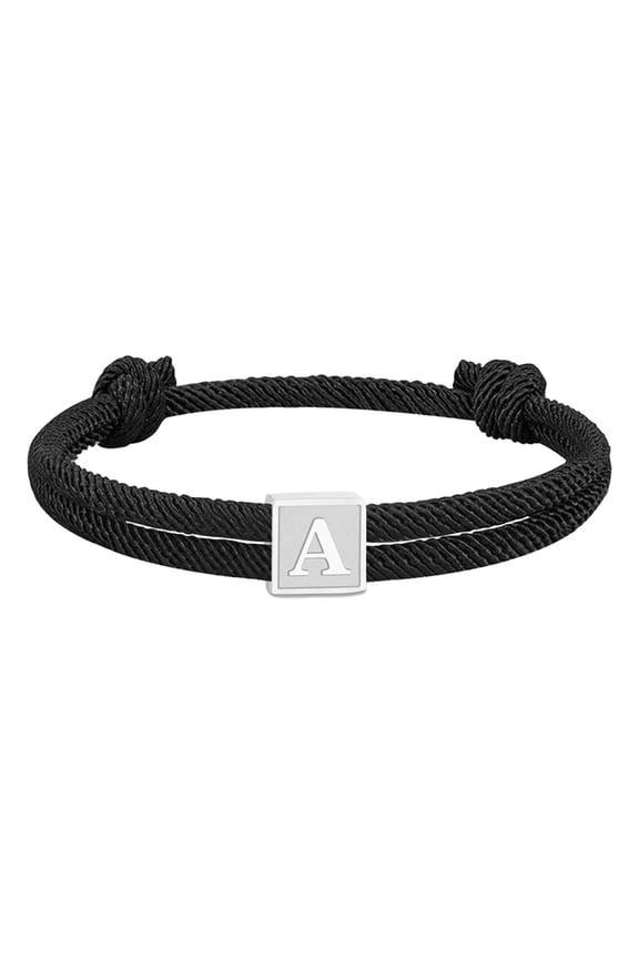 Initial Bracelets for Men Women Couples Handmade Braided Adjustable Rope Black A-Z Letter K Name Simple Stainless Steel Personalized Cuff Capital Monogram Jewelry Black Letter A