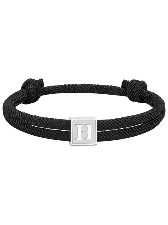 Initial Bracelets for Men Women Couples Handmade Braided Adjustable Rope Black A-Z Letter K Name Simple Stainless Steel Personalized Cuff Capital Monogram Jewelry Black Letter H
