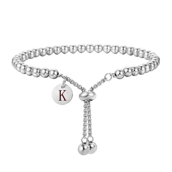 PAURO Initial Bracelets for Women Letter A-Z Beaded Silver Gold Plated Stainless Steel Simple Dainty Personalized Statement Delicate Alphabet Elegant Charm Jewelry Silver K
