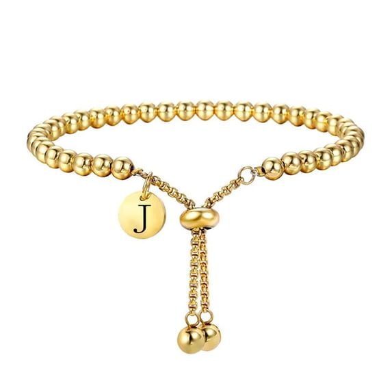 PAURO Initial Bracelets for Women Letter A-Z Beaded Silver Gold Plated Stainless Steel Simple Dainty Personalized Statement Delicate Alphabet Elegant Charm Jewelry Gold J