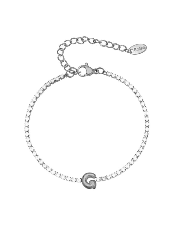 Initial Bracelets for Women Letter A-Z Name Cubic Zirconia Stainless Steel Silver Gold Plated Charm Personalized Dainty Cuff Capital Monogram Jewelry Silver Letter G