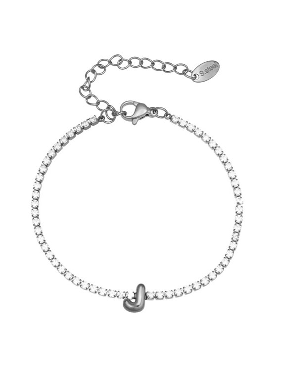 Initial Bracelets for Women Letter A-Z Name Cubic Zirconia Stainless Steel Silver Gold Plated Charm Personalized Dainty Cuff Capital Monogram Jewelry Silver Letter J