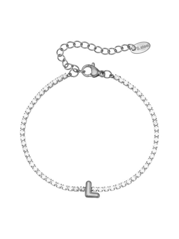 Initial Bracelets for Women Letter A-Z Name Cubic Zirconia Stainless Steel Silver Gold Plated Charm Personalized Dainty Cuff Capital Monogram Jewelry Silver Letter L