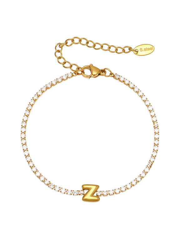 Initial Bracelets for Women Letter A-Z Name Cubic Zirconia Stainless Steel Silver Gold Plated Charm Personalized Dainty Cuff Capital Monogram Jewelry Gold Letter Z