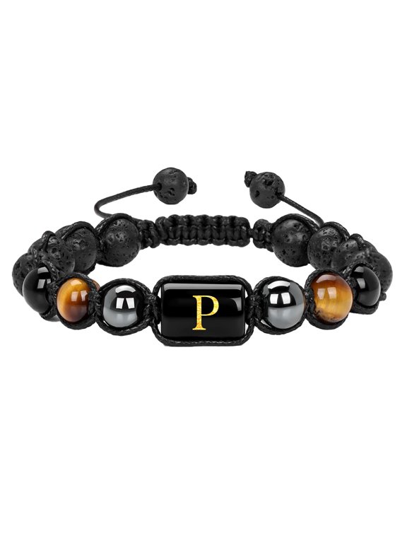 Initial Bracelets for Women Men Couples Adjustable Stone Beaded Rock Gold Letter A-Z Personalized Handmade Meaningful Gift Dainty Jewelry P