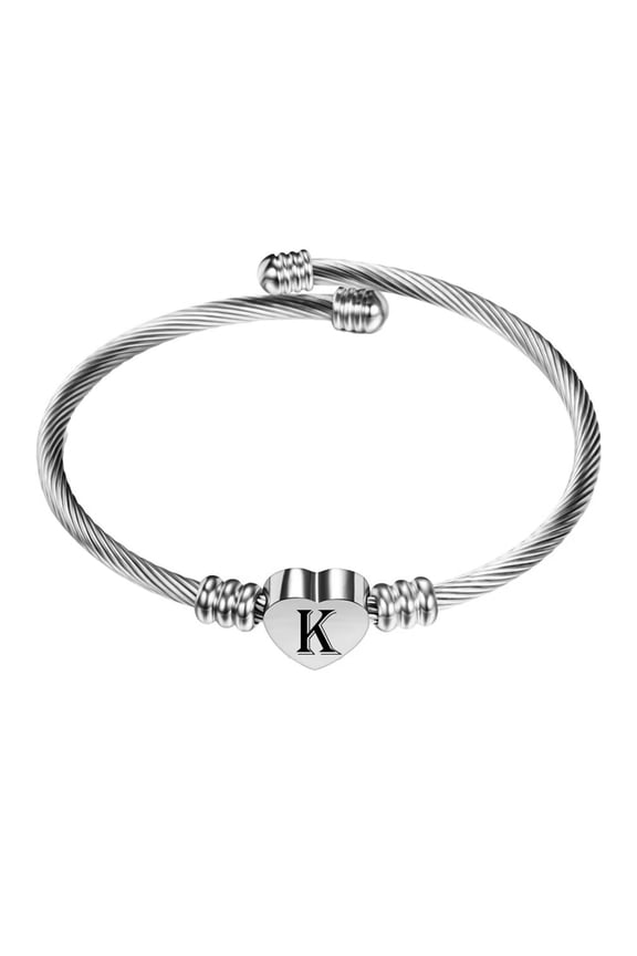 Initial Heart Bracelets for Women Open Letter Alphabet Silver Rose Gold Plated Stainless Steel Colorful Personalized Statement Name Charm Simple Jewelry Silver Letter K