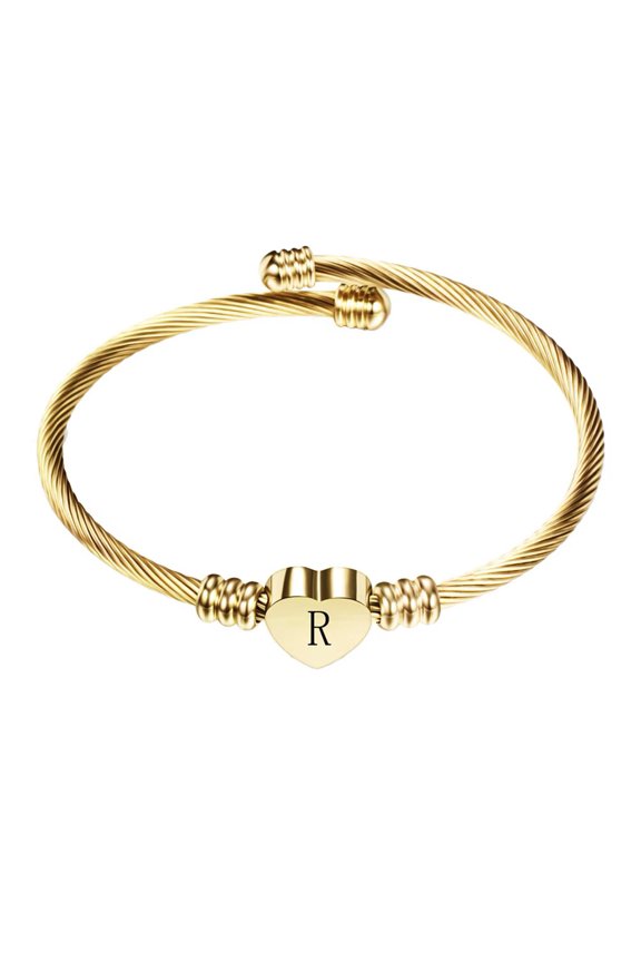 Initial Heart Bracelets for Women Open Letter Alphabet Silver Gold Plated Stainless Steel Personalized Statement Simple Jewelry Gold Letter R