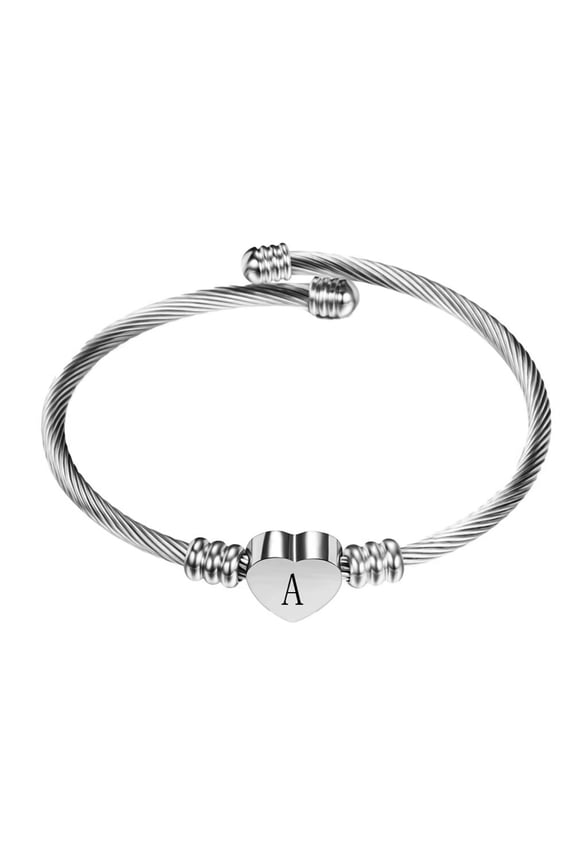 Initial Heart Bracelets for Women Open Letter Alphabet Silver Gold Plated Stainless Steel Personalized Statement Simple Jewelry Silver Letter A