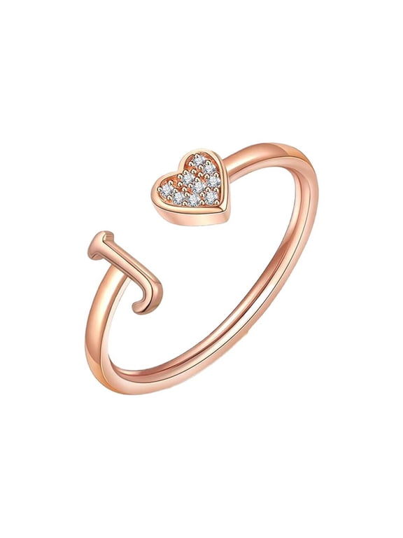 Initial Heart Rings for Women Letter Open Adjustable Alphabet Name Rose Gold Plated Stainless Steel Dainty Simple Cubic Zirconia Jewelry Rose Gold Letter J