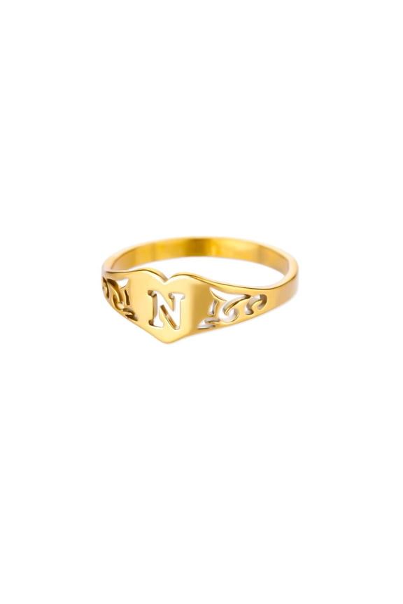 Initial Heart Rings for Women Name Letter Alphabet Gold Plated Stainless Steel Dainty Personalized Jewelry Letter N Size 6