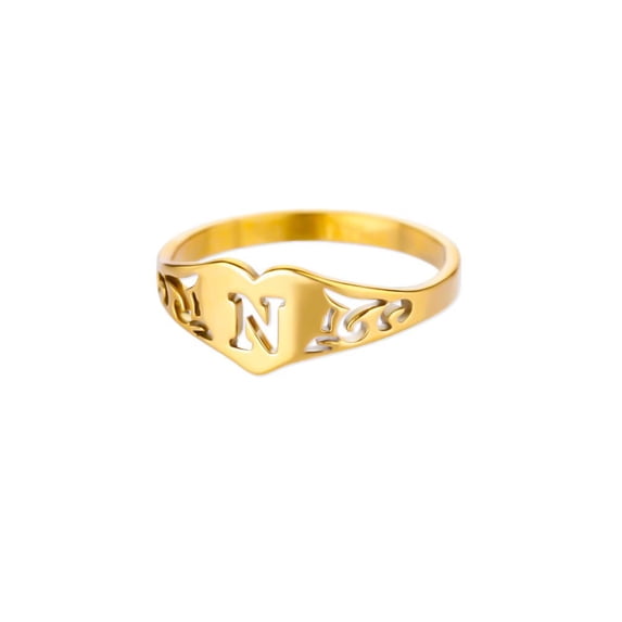 PAURO Initial Heart Rings for Women Name Letter Alphabet Gold Plated Stainless Steel Dainty Personalized Jewelry Letter N Size 6