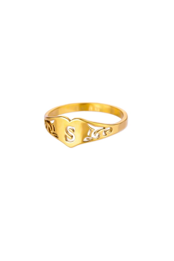 Initial Heart Rings for Women Name Letter Alphabet Gold Plated Stainless Steel Dainty Personalized Jewelry Letter S Size 8