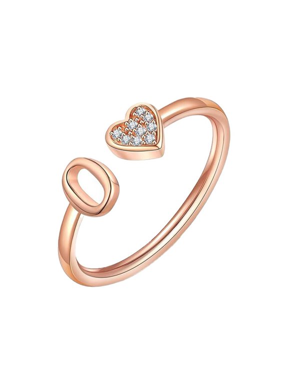 Initial Heart Rings for Women Letter Open Adjustable Alphabet Name Rose Gold Plated Stainless Steel Dainty Simple Cubic Zirconia Jewelry Rose Gold Letter O