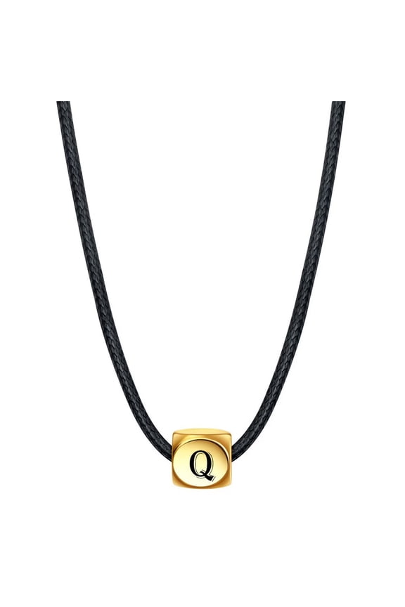 Initial Necklace for Men Women Name Letter Gold Plated Stainless Steel Cool Personalized Statement Couple Unique Simple Square Cube Pendant Rope Chain Jewelry Gold Letter Q