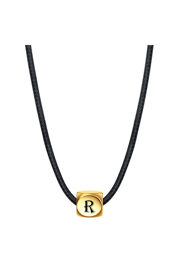 Initial Necklace for Men Women Name Letter Gold Plated Stainless Steel Cool Personalized Statement Couple Unique Simple Square Cube Pendant Rope Chain Jewelry Gold Letter R