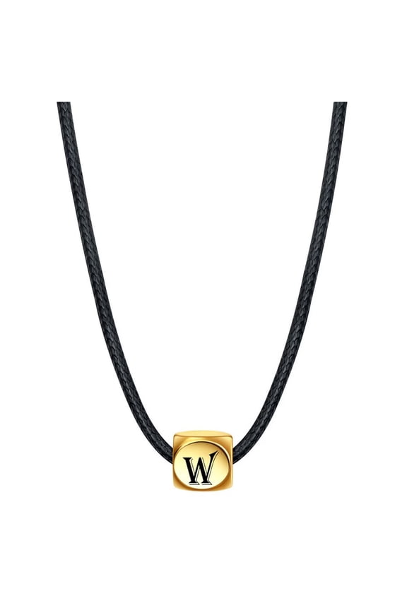 Initial Necklace for Men Women Name Letter Gold Plated Stainless Steel Cool Personalized Statement Couple Unique Simple Square Cube Pendant Rope Chain Jewelry Gold Letter W
