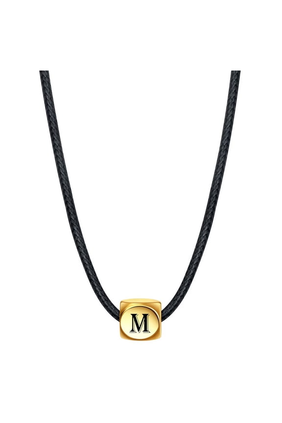 Initial Necklace for Men Women Name Letter Gold Plated Stainless Steel Cool Personalized Statement Couple Unique Simple Square Cube Pendant Rope Chain Jewelry Gold Letter M