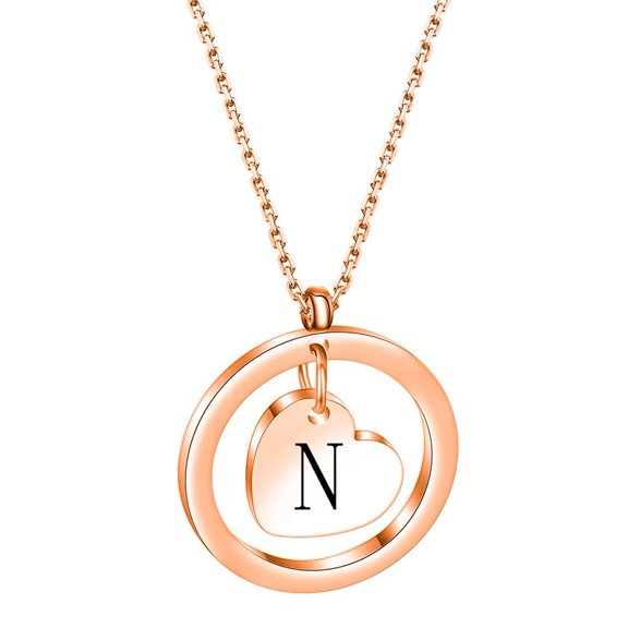 PAURO Initial Necklaces for Women Heart Circle A-Z Pendant Silver Rose Gold Plated Stainless Steel Chain Dainty Alphabet Letter Cute Statement Colorful Jewelry Rose Gold N