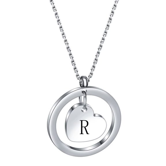 PAURO Initial Necklaces for Women Heart Circle A-Z Pendant Silver Rose Gold Plated Stainless Steel Chain Dainty Alphabet Letter Cute Statement Colorful Jewelry Silver R