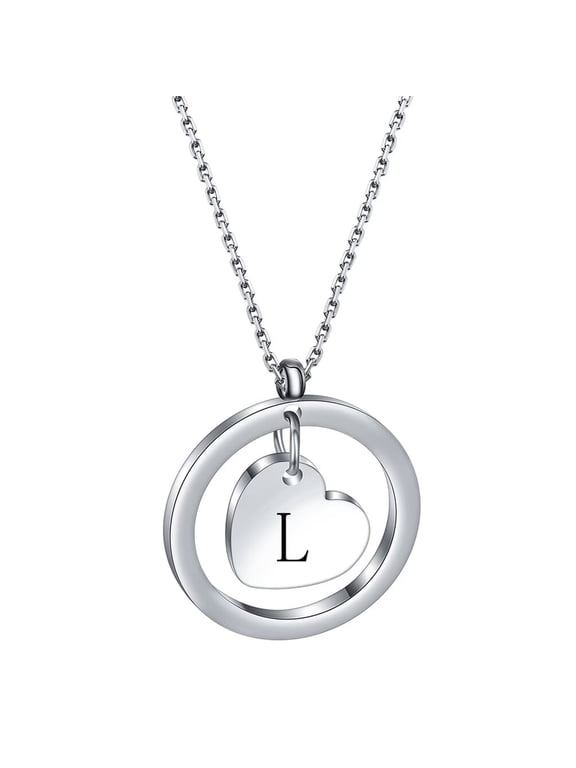 Initial Necklaces for Women Heart Circle A-Z Pendant Silver Rose Gold Plated Stainless Steel Chain Dainty Alphabet Letter Cute Statement Colorful Jewelry Silver L