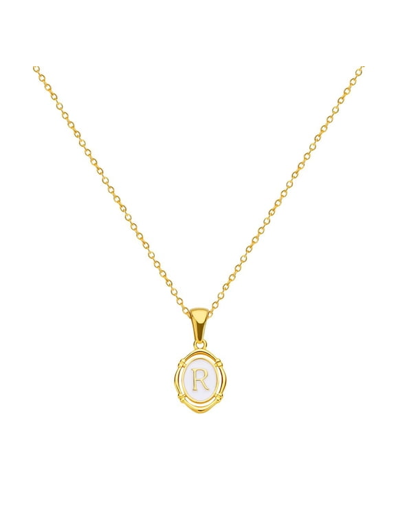 Initial Necklaces for Women Oval A-Z Pendant Gold Plated Stainless Steel Chain Dainty Alphabet Letter K Cute Statement Personalized Jewelry Gold R