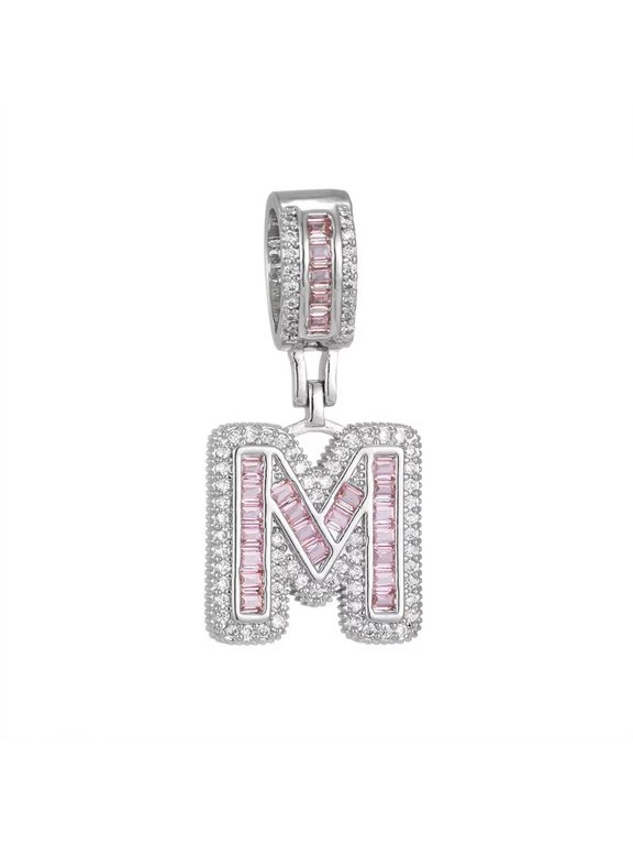 Initial Pink Necklaces for Women Pendant Cubic Zirconia Stainless Steel Chain Dainty Alphabet Chain Vintage Jewelry Silver Letter M