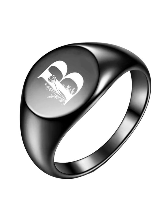 Initial Rings for Men Women Letter Rose Flower Name Black Silver Gold Plated Size 4 Stainless Steel Cool Personalized Statement Simple Jewelry Black B Size 9
