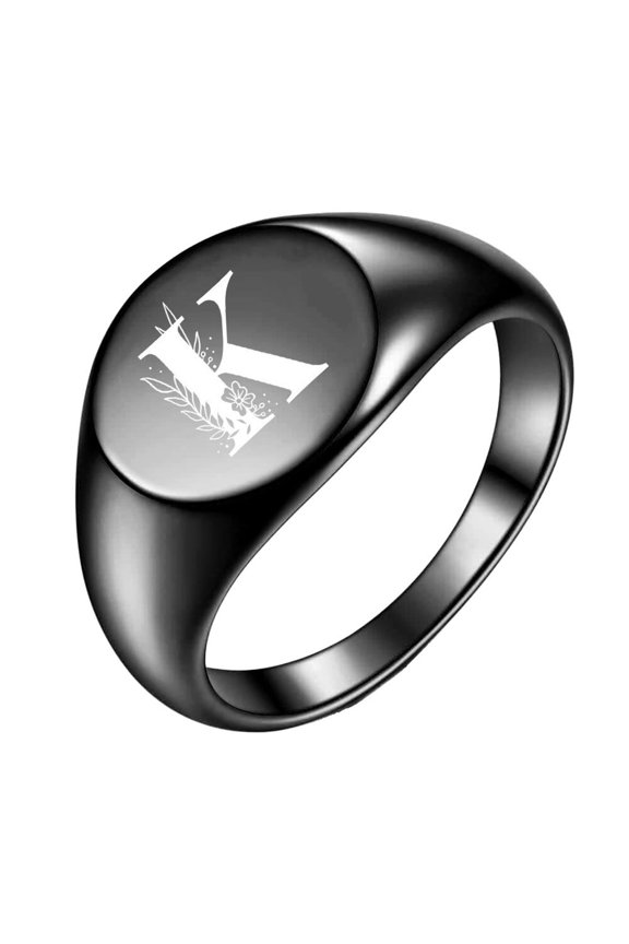 Initial Rings for Men Women Letter Rose Flower Name Black Silver Gold Plated Size 4 Stainless Steel Cool Personalized Statement Simple Jewelry Black K Size 10