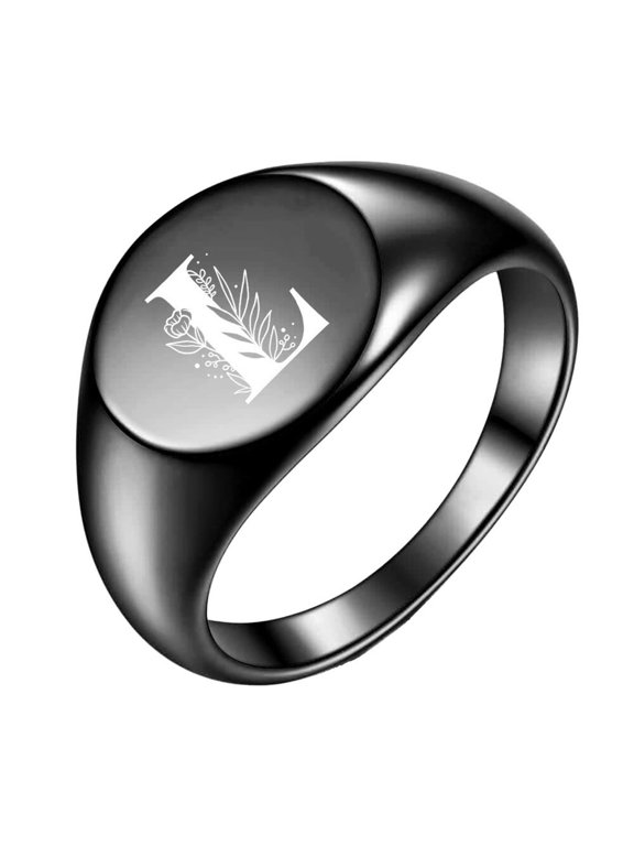 Initial Rings for Men Women Letter Rose Flower Name Black Silver Gold Plated Size 4 Stainless Steel Cool Personalized Statement Simple Jewelry Black L Size 8